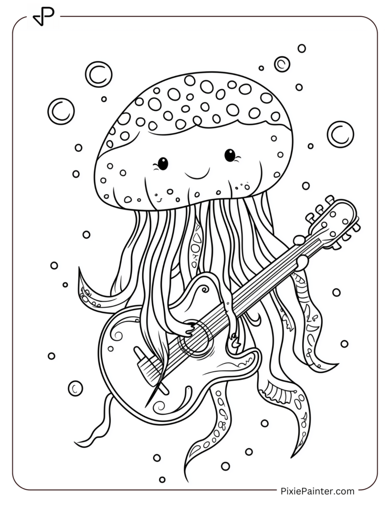 A cute cartoon jellyfish playing the guitar under the sea.