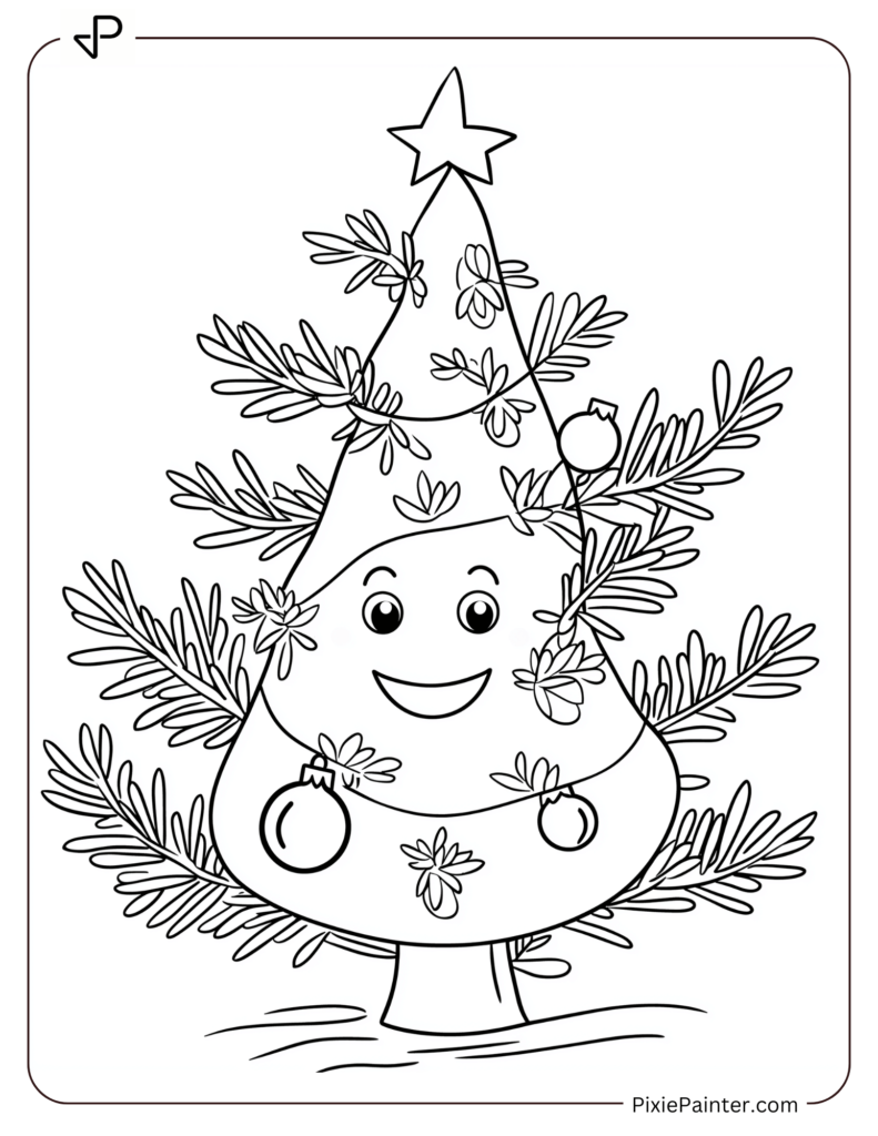 Christmas Coloring Page For Kids - Happy Christmas Tree With Ornament