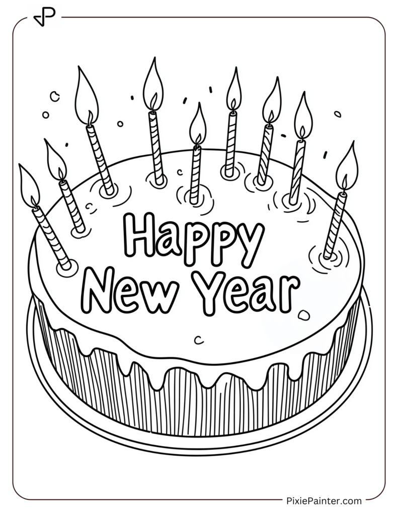 New Year Coloring Pages For Kids - A Cake Decorated With Candles Spelling "Happy New Year."