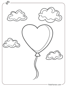 A heart-shaped balloon floating in the sky with clouds