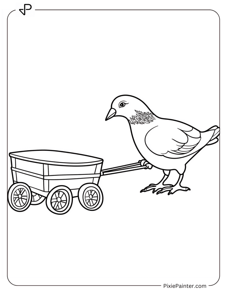 A pigeon pulling a toy wagon