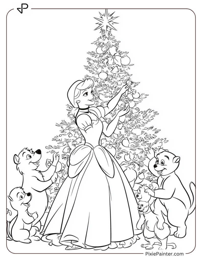 Disney Princess Cinderella decorating a Christmas tree with her animal friends