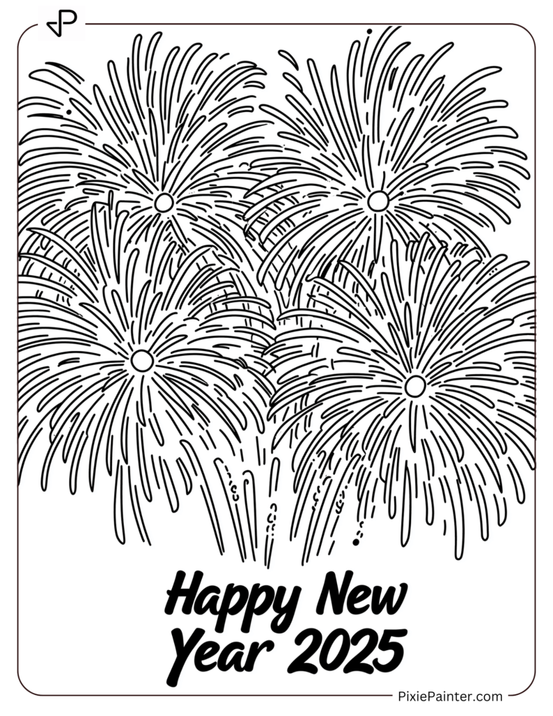 Coloring Page of Fireworks Lighting Up the Night With _Happy New Year 2025_ Below