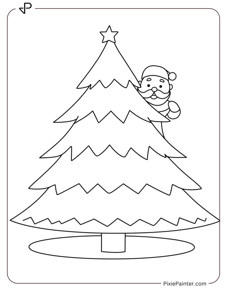 1. Simple Christmas Tree With Santa Peeking Coloring Pages