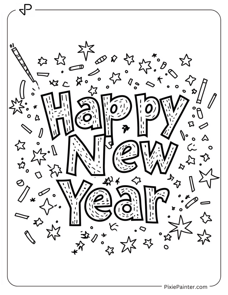 Happy New Year Coloring Page - Happy New Year Coloring Pages With Confetti And Stars