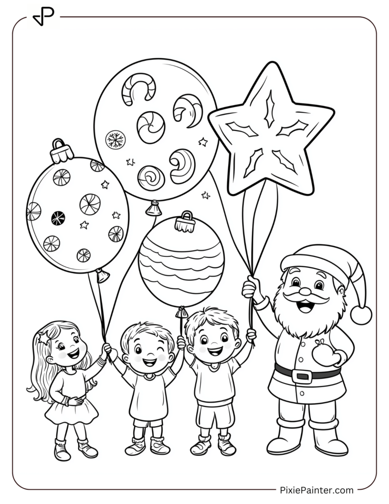 Christmas Coloring Page For Kids - Santa With Kids Holding Balloons