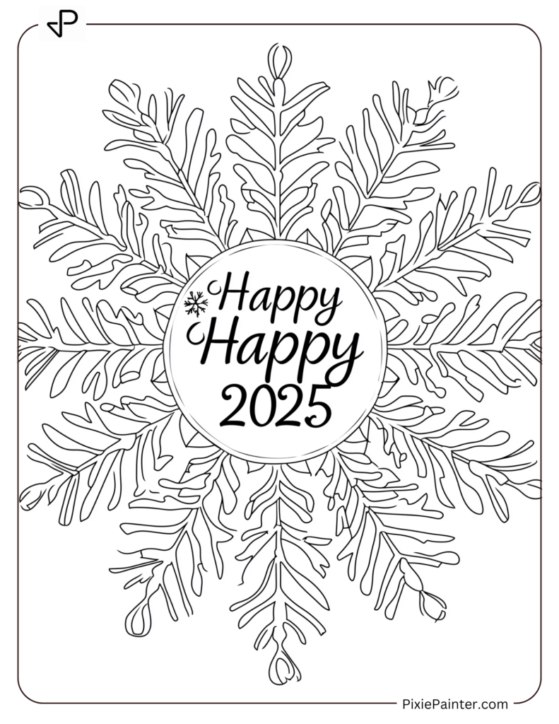 Coloring Page of A Cheerful Snowflake With _Happy 2025_ Written Inside