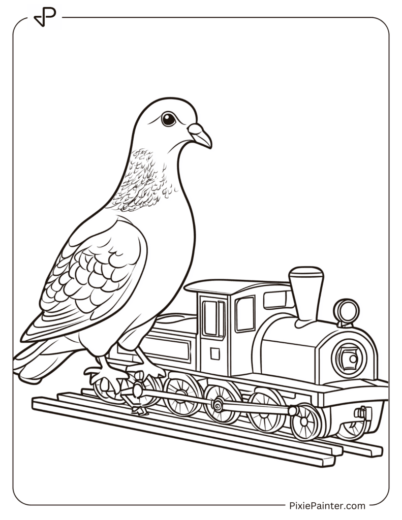 A pigeon standing next to a toy train