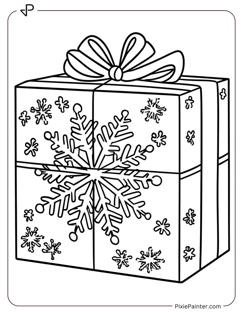 A present with snowflake-patterned wrapping paper