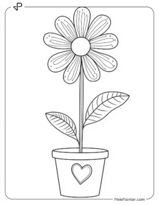 A single flower in a pot with a heart on the pot