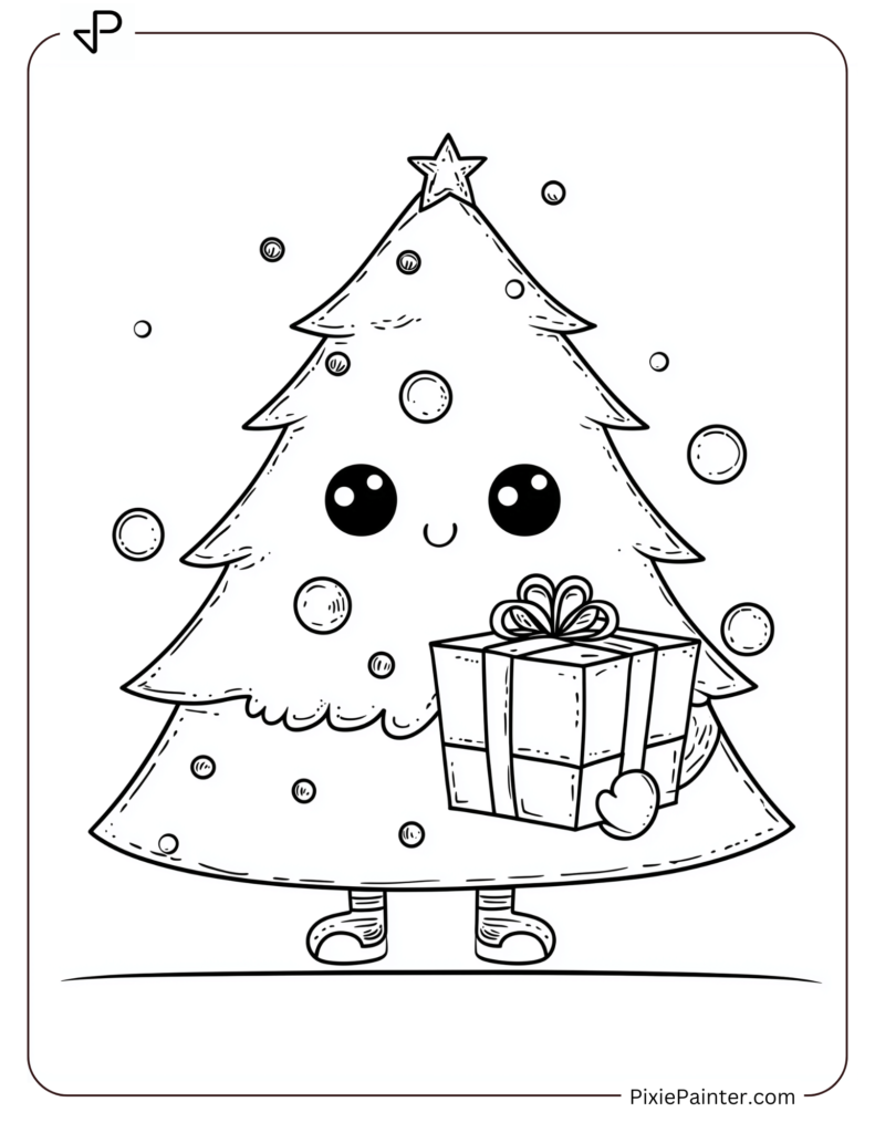 10. Christmas Tree Holding A Gift Coloring Pages