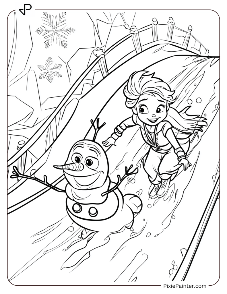 Disney Princess Elsa and Olaf sliding down an icy Christmas-themed slope