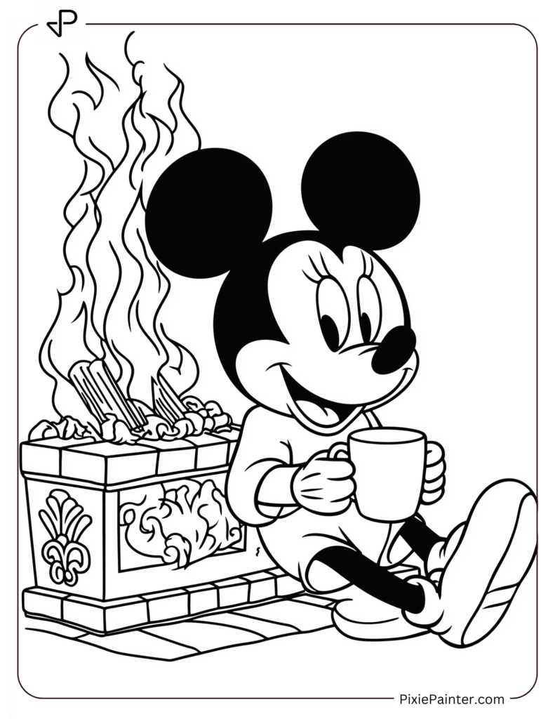 Mickey Mouse enjoying coffee by a fireplace