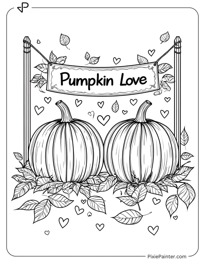 10. Pumpkin Love With Autumn Leaves Coloring Pages