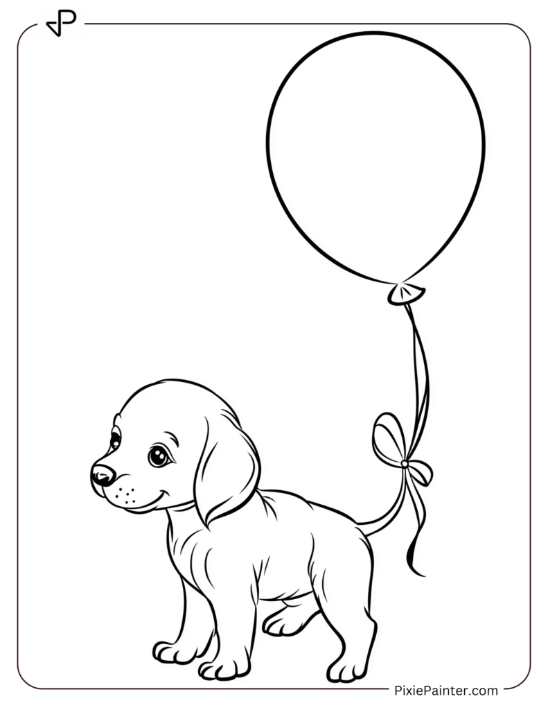 New Year Coloring Pages For Kids Where Puppy Playing With A Balloon That Says "Happy New Year."