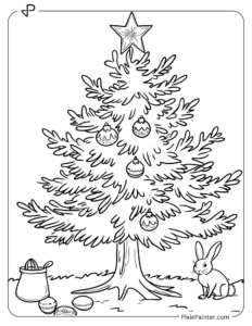 Small Christmas Tree Coloring Page | Rabbit Near a Small Tree With a Few Ornaments