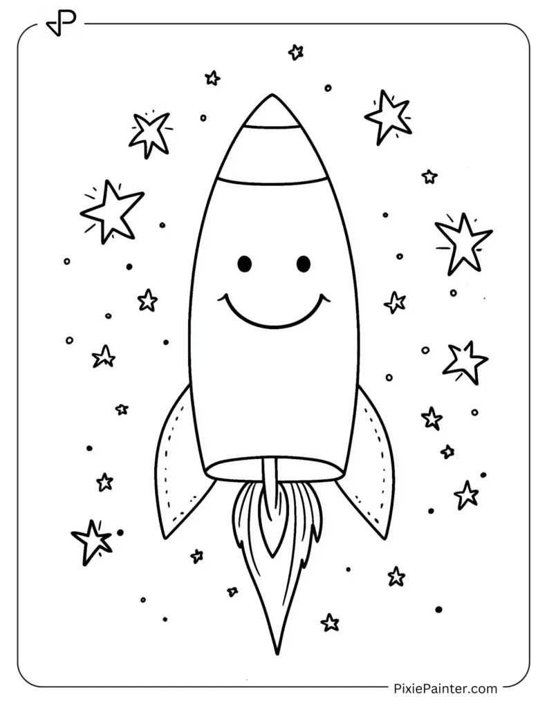 Happy New Year Coloring Page - Smiling Rocket Shooting Into The Stars