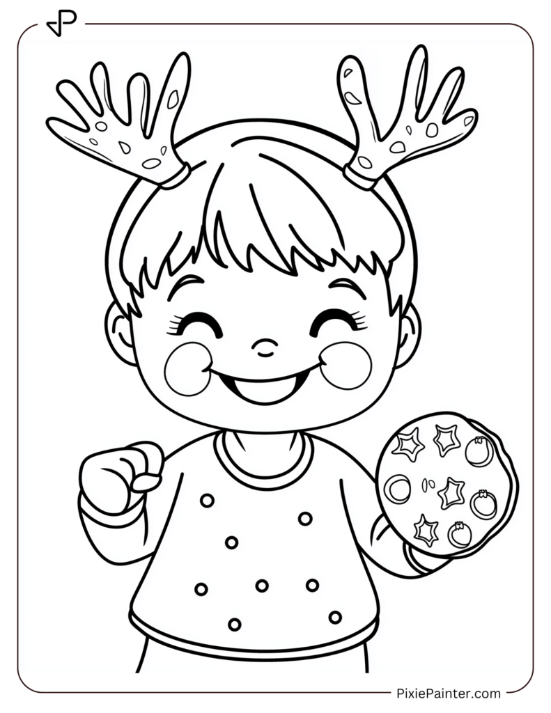 Christmas Coloring Page For Kids - Child With Reindeer Antlers Cookie