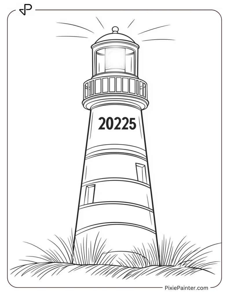 Coloring Page of A Glowing Lighthouse With _2025_ at the Top