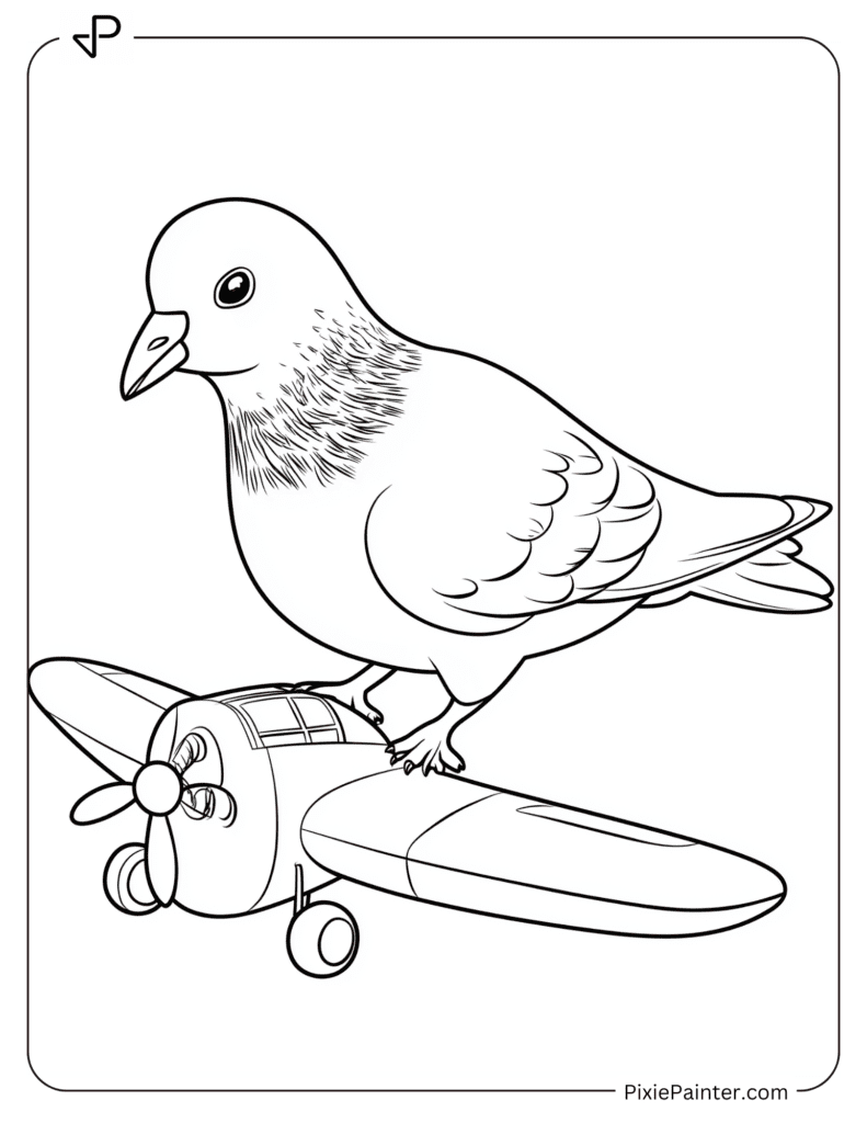 A pigeon playing with a toy airplane