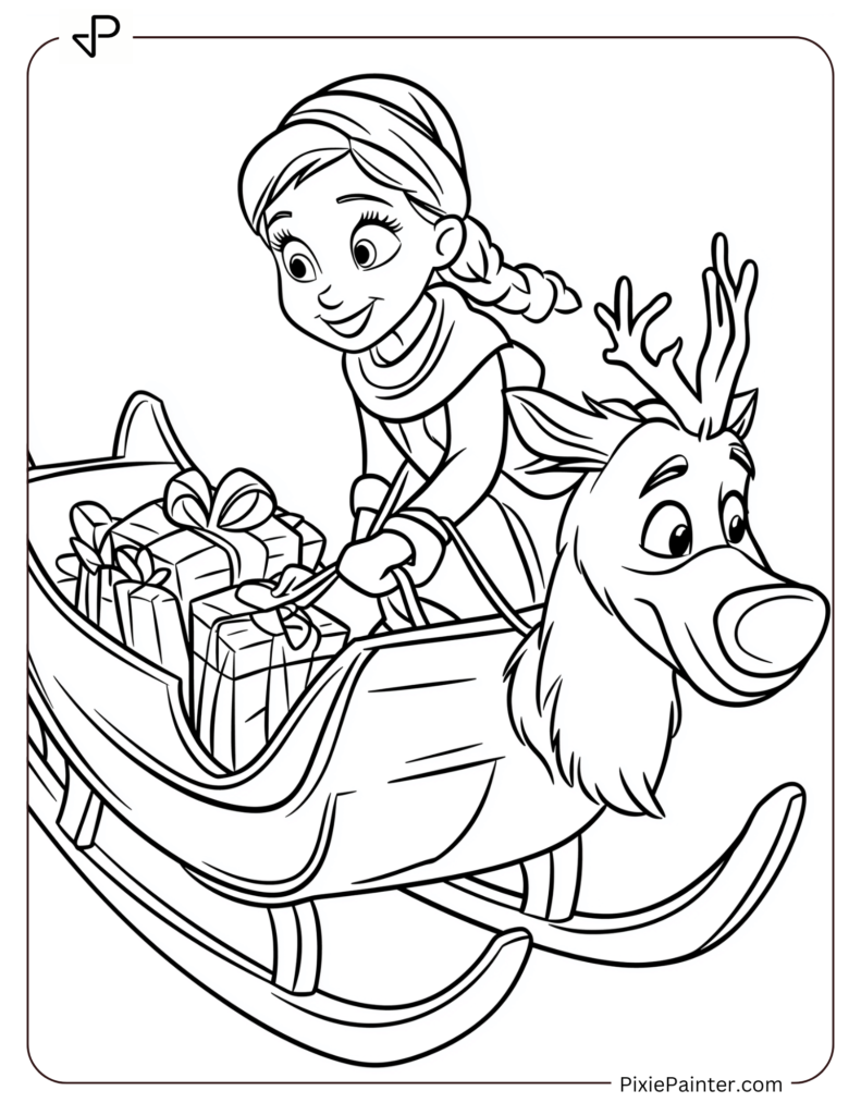 Disney Princess Anna delivering Christmas gifts in a sleigh pulled by Sven