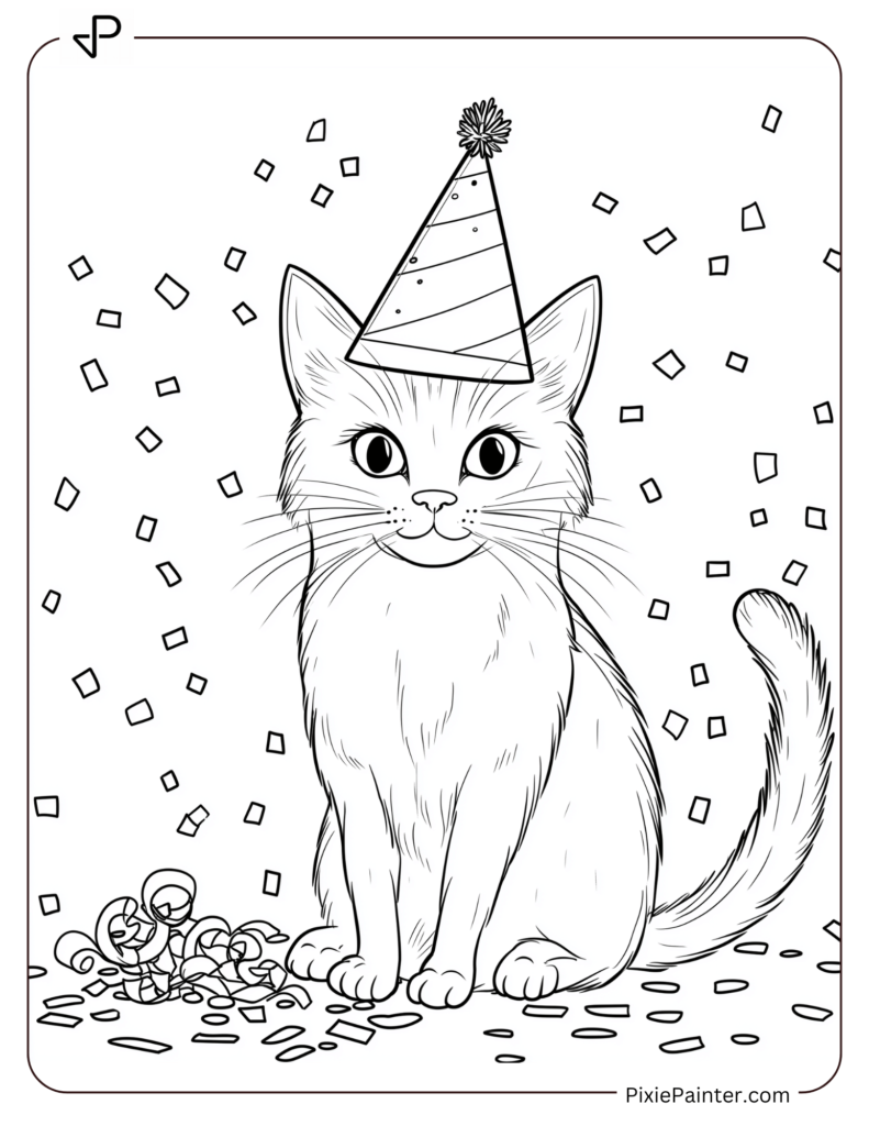 New Year Coloring Pages For Kids - Cat In A Party Hat Sitting Beside Confetti.