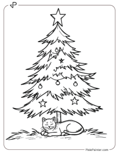 Small Christmas Tree Coloring Page | Cat Sleeping Under a Christmas Tree With a Star