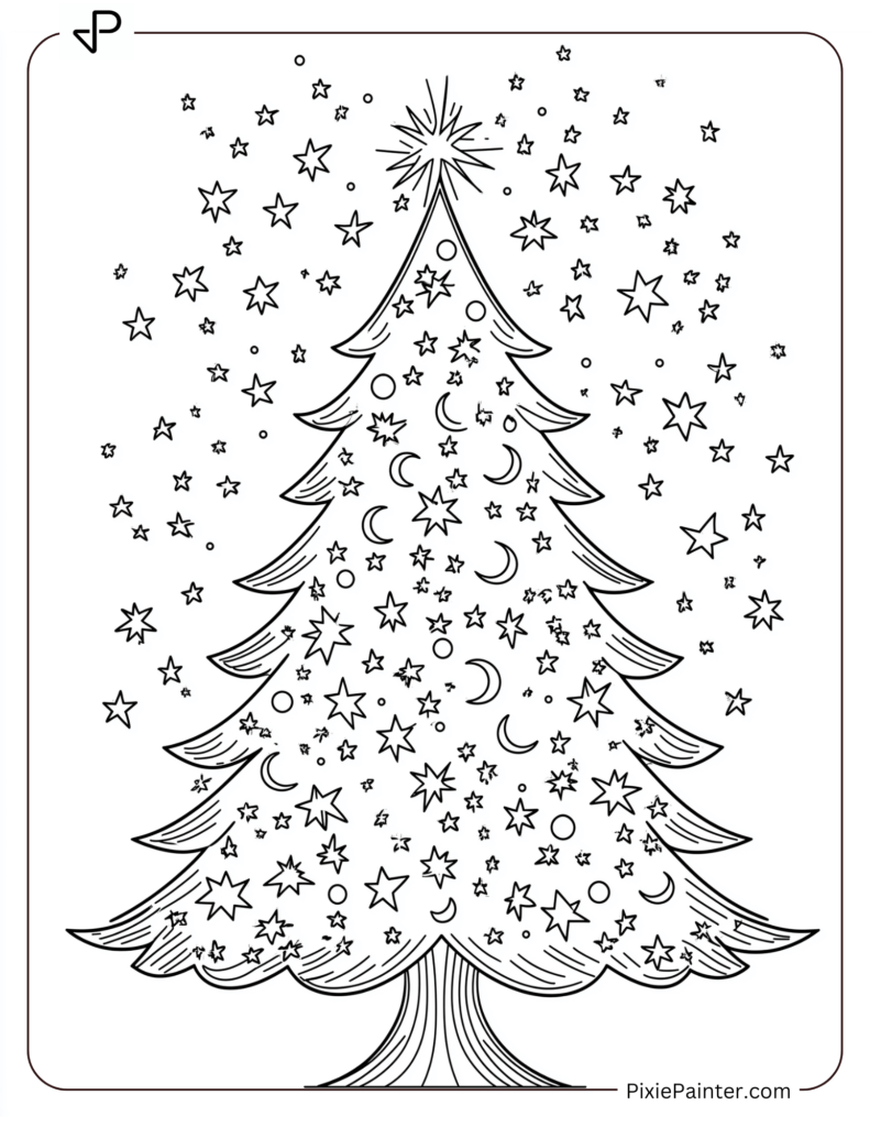 11. Christmas Tree With Stars And Moons Coloring Pages