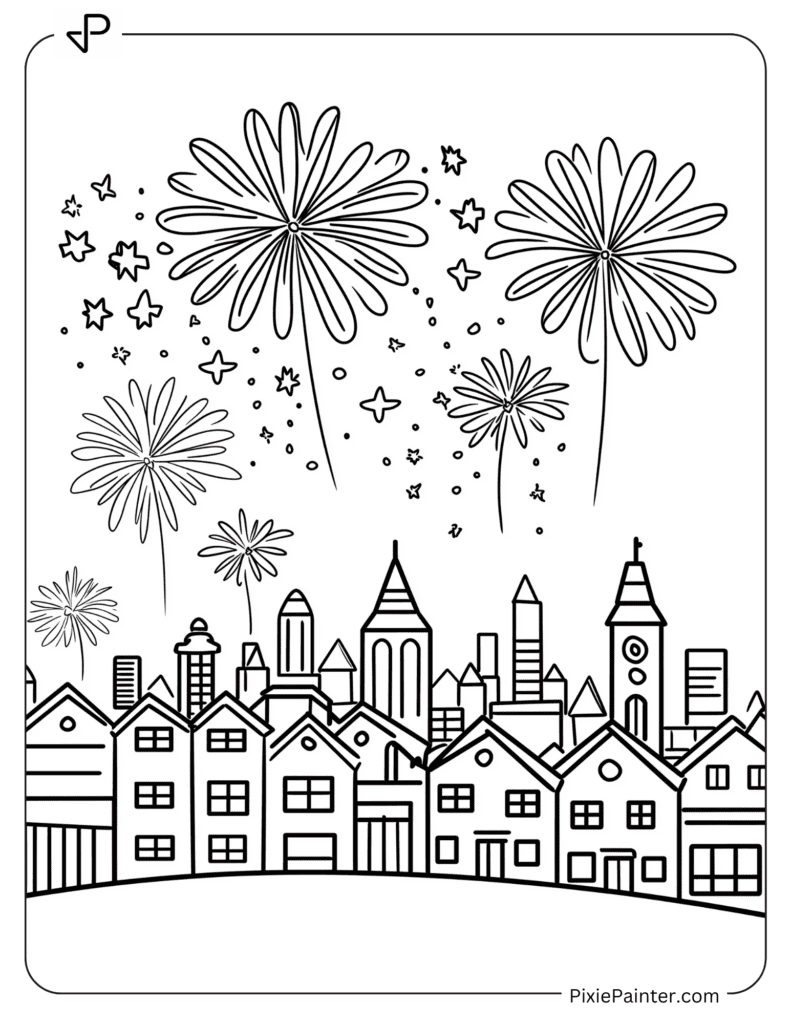 Happy New Year Coloring Page - Fireworks Over A Cartoon Cityscape