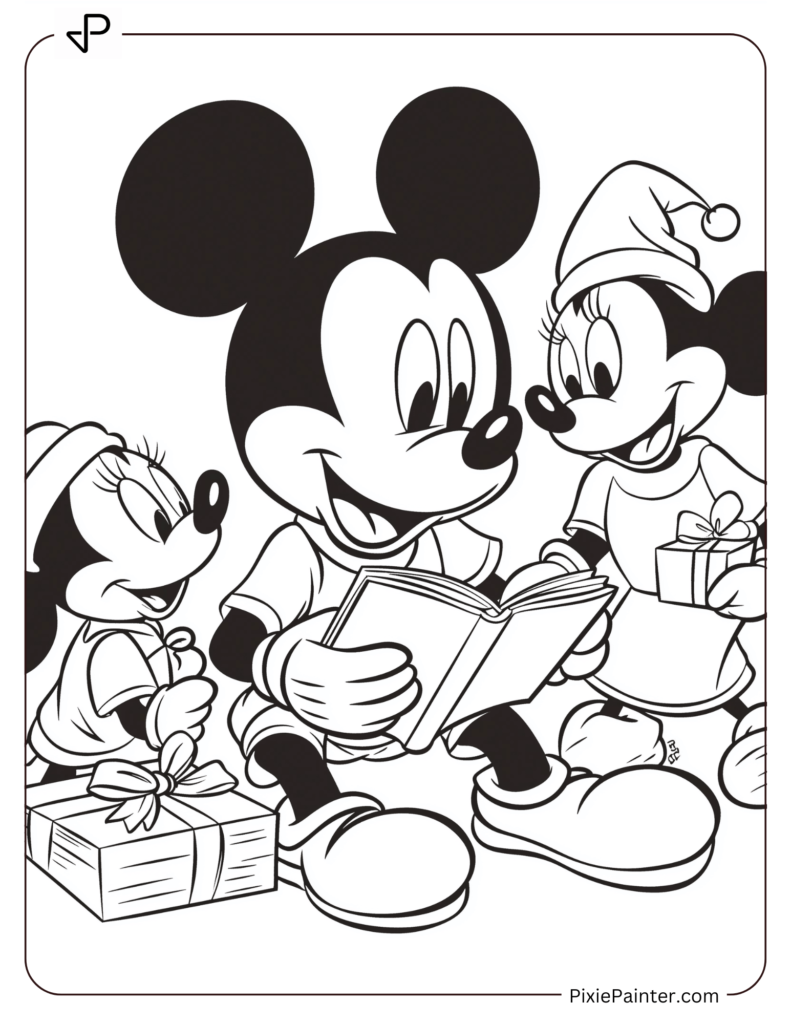 Mickey Mouse reading a Christmas story to his family