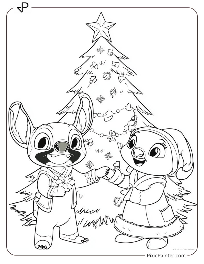 11. Stitch And Lilo Decorating A Festive Tree Coloring Pages