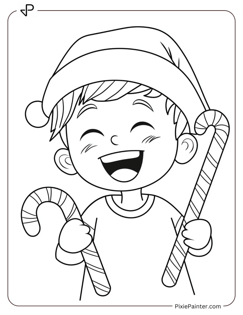 Christmas Coloring Page For Kids - Boy With Santa Hat And Candy Cane