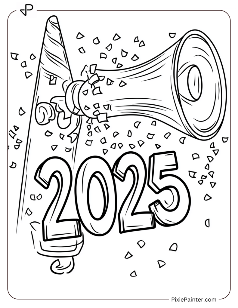 Coloring Page of A Party Horn Blowing Out _2025_ Confetti