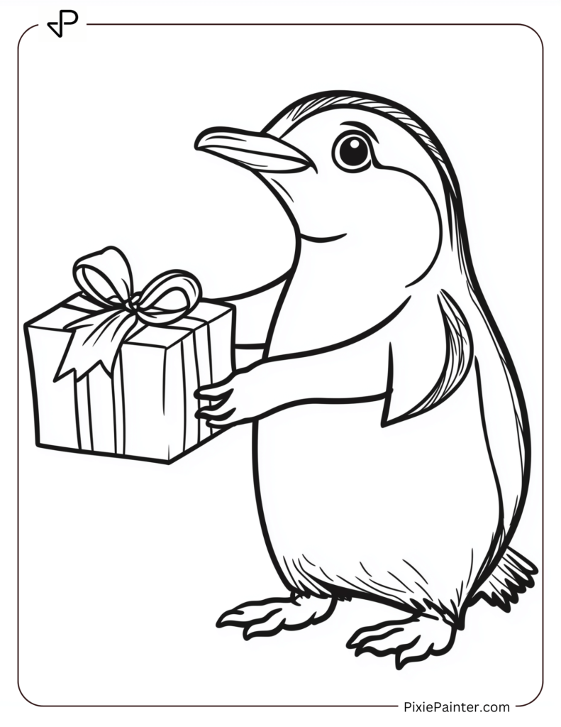 A penguin holding a small wrapped gift