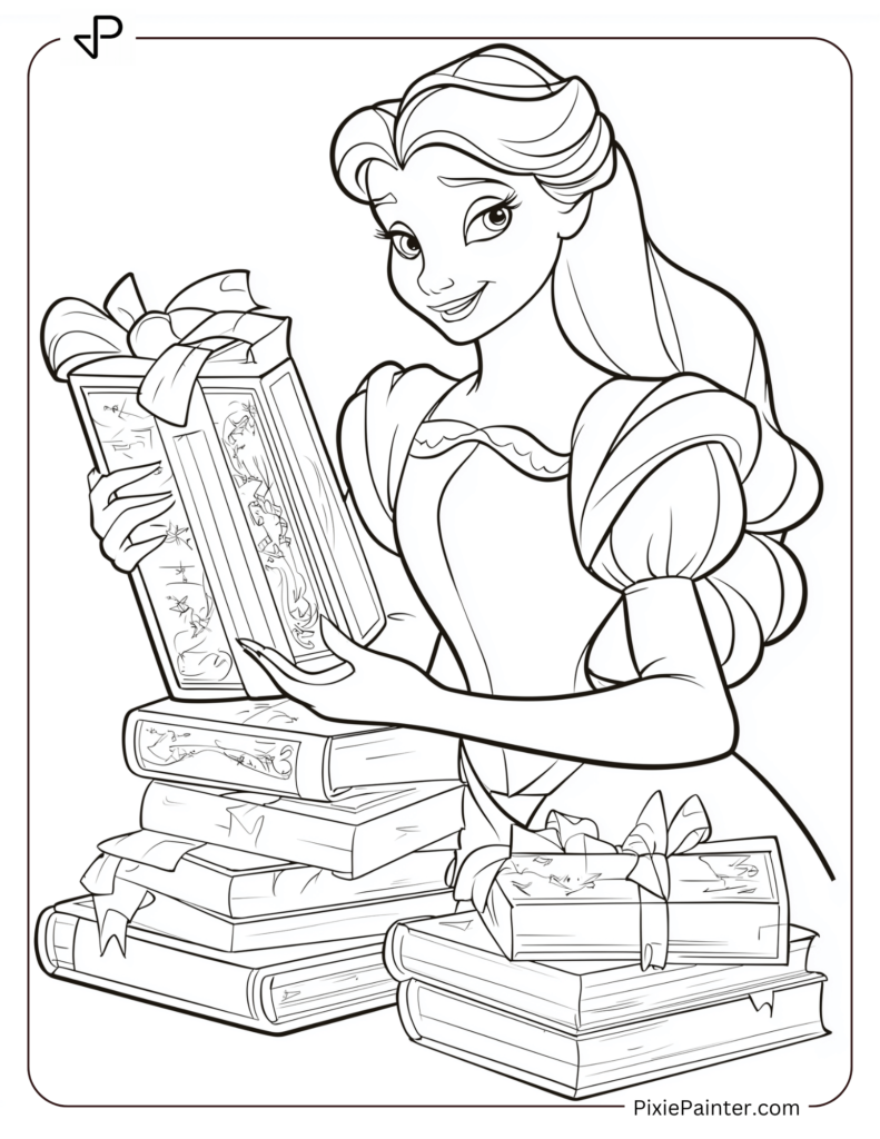 Disney Princess Belle wrapping books as Christmas presents for the castle staff