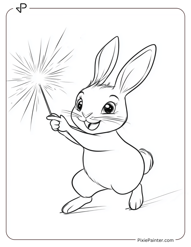 New Year Coloring Pages For Kids Where Bunny Hopping With A Sparkler And "Happy New Year."