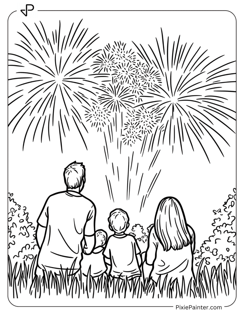 Happy New Year Coloring Page - Family Watching Fireworks Together