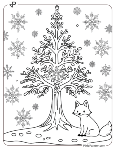 Small Christmas Tree Coloring Page | Fox Sitting Beside a Snowflake-Decorated Christmas Tree