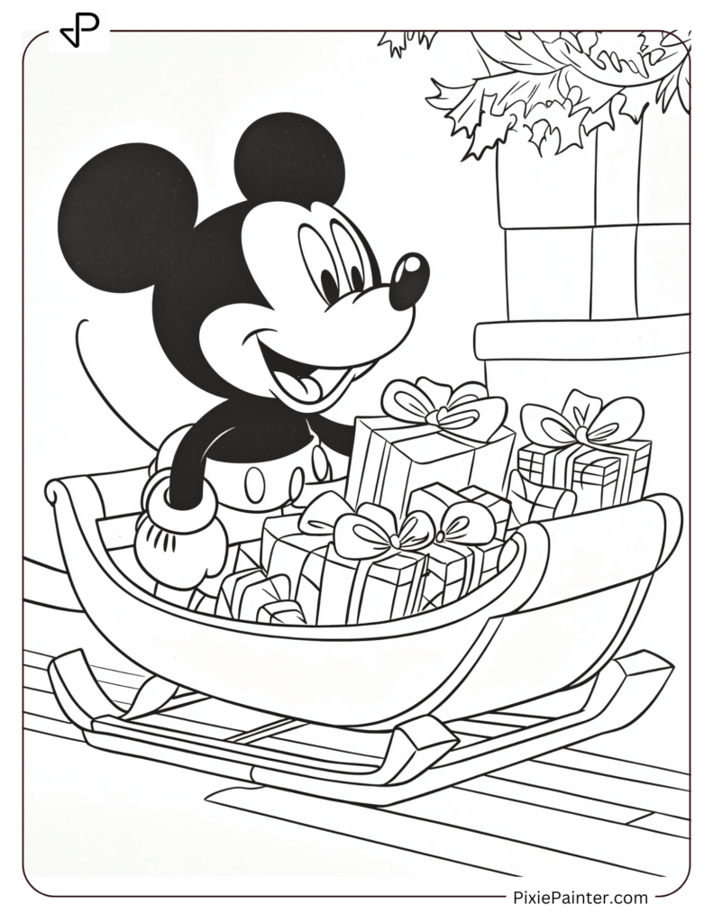 Mickey Mouse pulling a sleigh filled with wrapped gifts