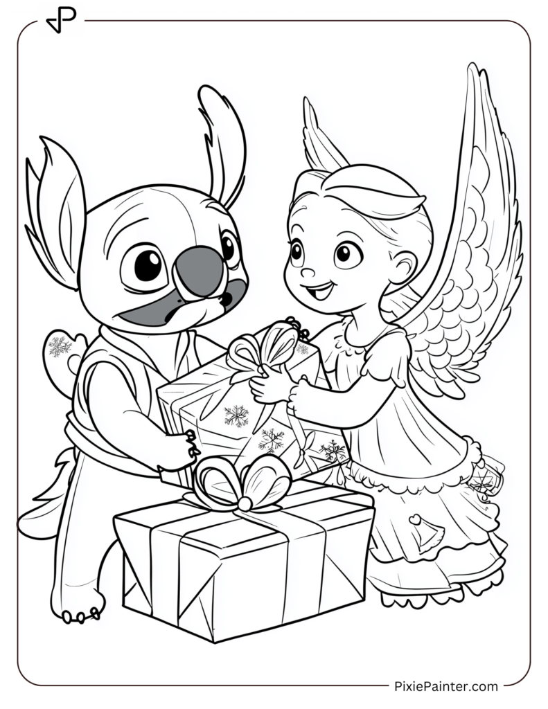 12. Stitch And Angel Exchanging Holiday Gifts Coloring Pages