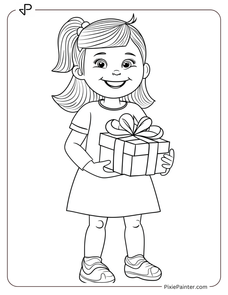 Christmas Coloring Page For Kids - Girl Holding Gift And Smiling