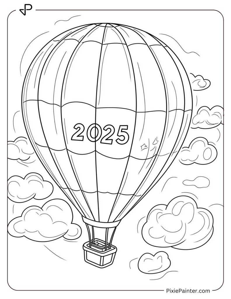 Coloring Page of A Hot Air Balloon With _2025_ Painted on the Side