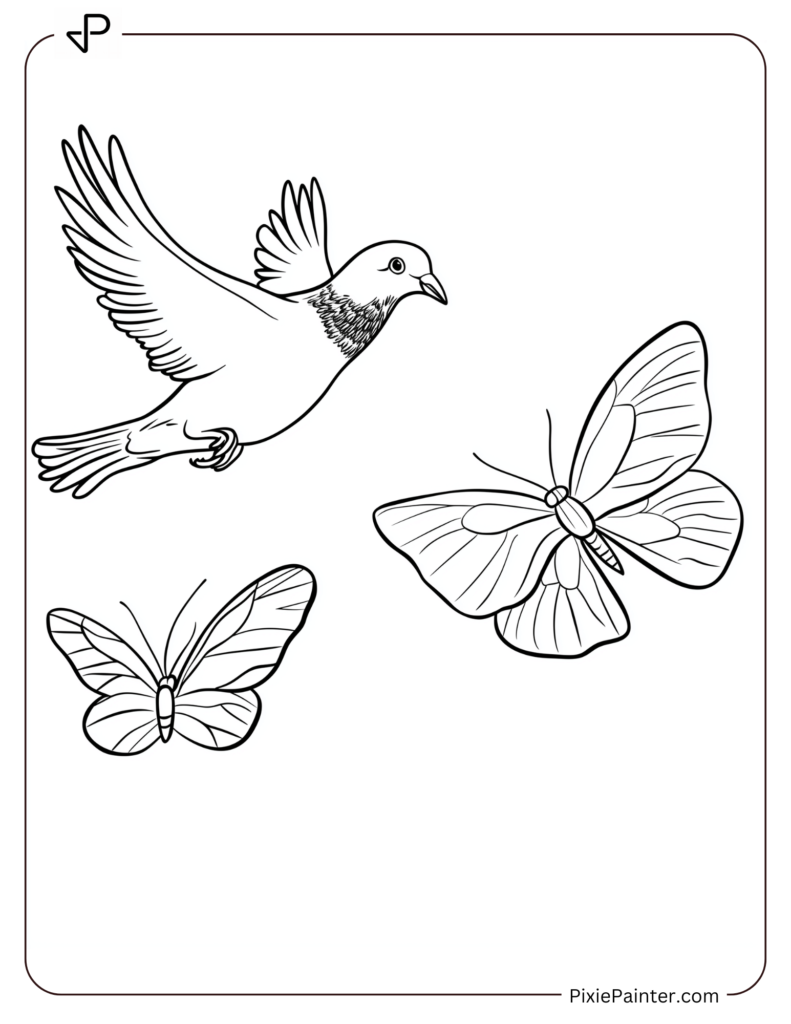 A pigeon flying alongside a butterfly