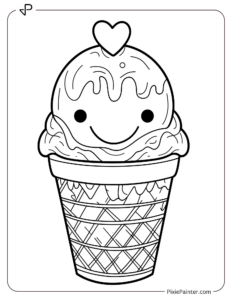 A smiling ice cream cone with a tiny heart on top