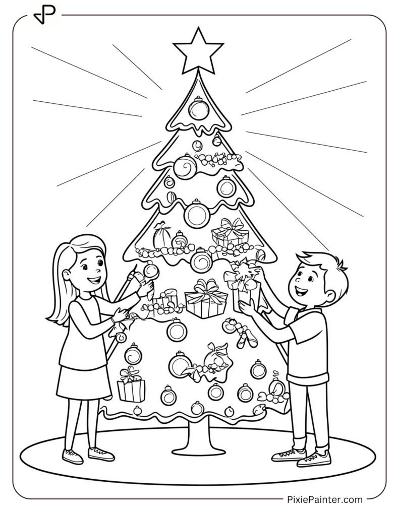 13. Christmas Tree Being Decorated By Kids Coloring Pages