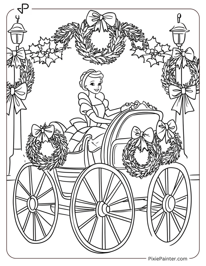 Disney Princess Cinderella riding in a carriage decorated with Christmas wreaths and bows