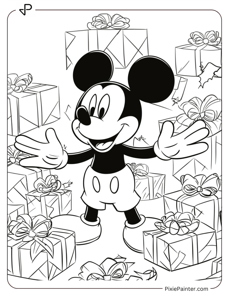 Mickey Mouse surrounded by wrapped presents and ribbons