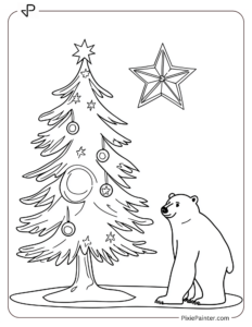 Small Christmas Tree Coloring Page | Polar Bear Standing Next to a Simple Tree With a Large Star