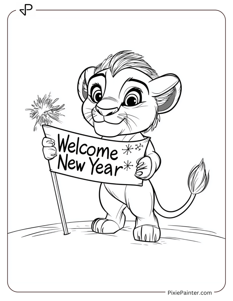 New Year Coloring Pages For Kids Where Simba Holding A "Welcome New Year" Flag.