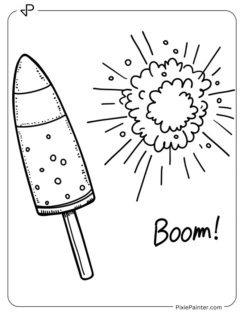 Happy New Year Coloring Page - Single Firework With “Boom!” Nearby